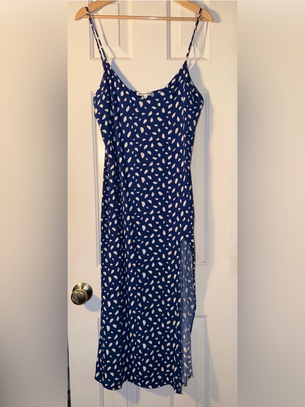 Reformation Navy Blue Spotted Slip Dress with High Side Slit
